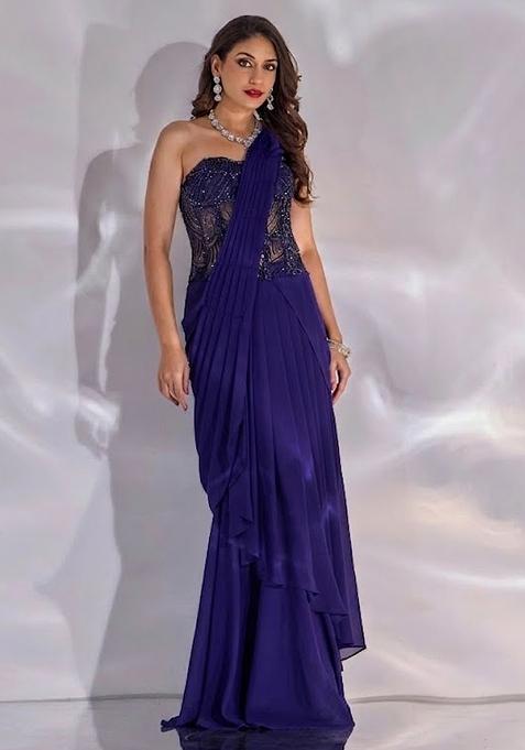 Violet Hand Work Embellished Satin Pre Draped Saree Set