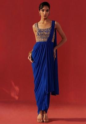 Deep Blue Hand Work Embroidered Georgette Pre Draped Saree Set