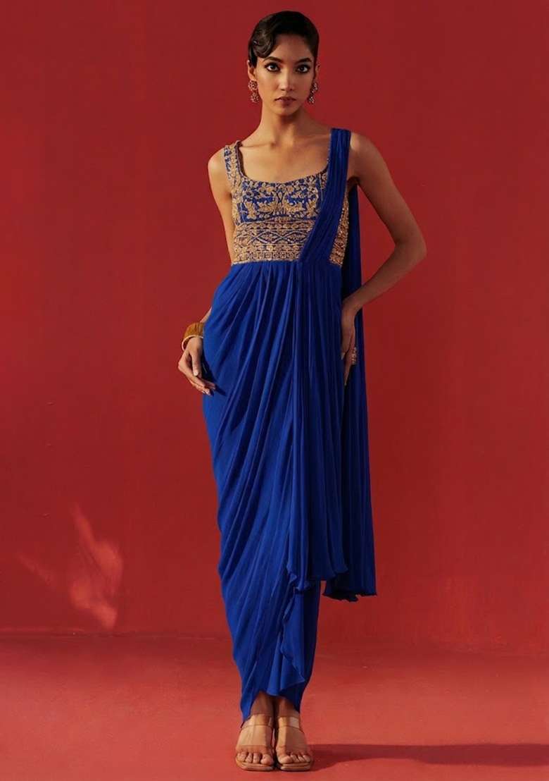 Deep Blue Hand Work Embroidered Georgette Pre Draped Saree Set - Indya
