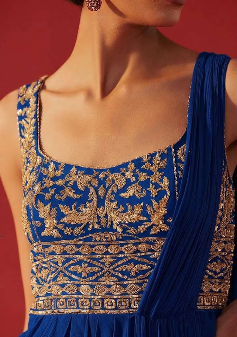 Deep Blue Hand Work Embroidered Georgette Pre Draped Saree Set - Indya