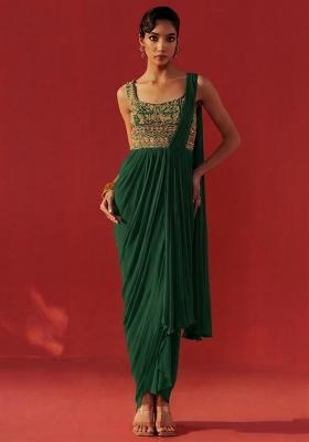 Light Green Hand Work Embroidered Georgette Pre Draped Saree Set