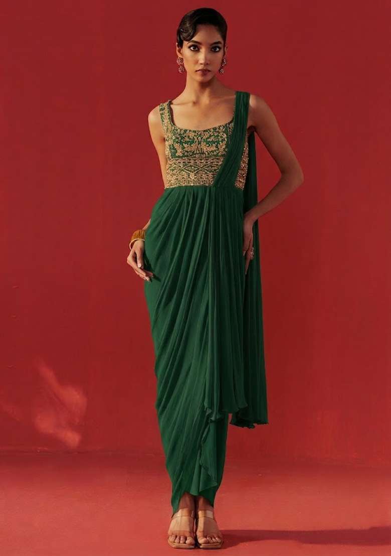 Light Green Hand Work Embroidered Georgette Pre Draped Saree Set - Indya