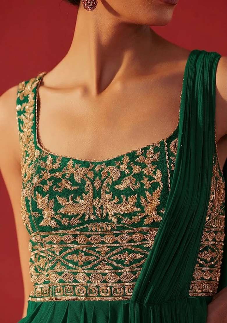 Light Green Hand Work Embroidered Georgette Pre Draped Saree Set - Indya