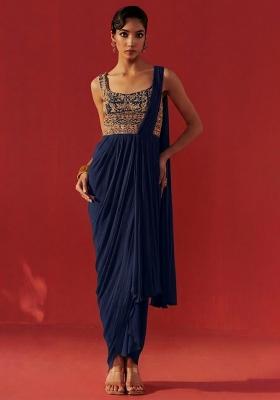 Grey Hand Work Embroidered Georgette Pre Draped Saree Set
