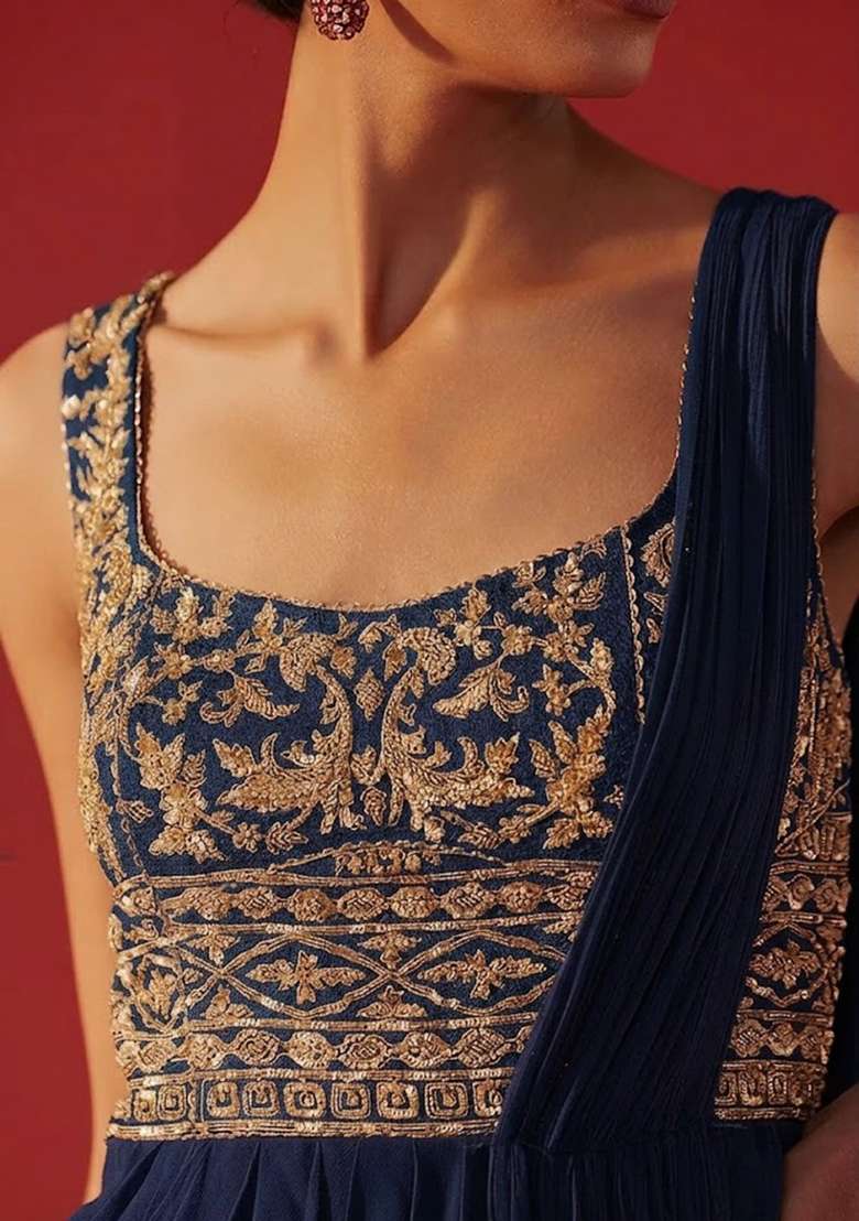 Grey Hand Work Embroidered Georgette Pre Draped Saree Set - Indya