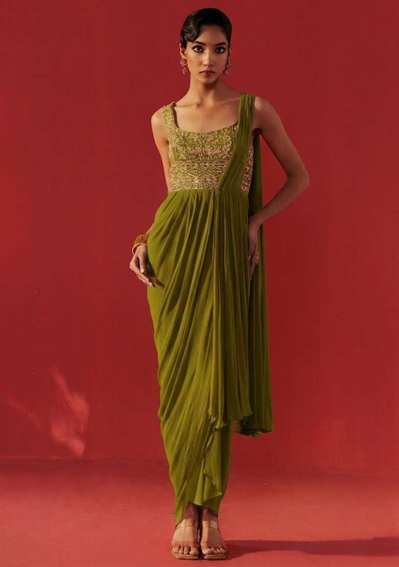 Olive Green Hand Work Embroidered Georgette Pre Draped Saree Set - Indya