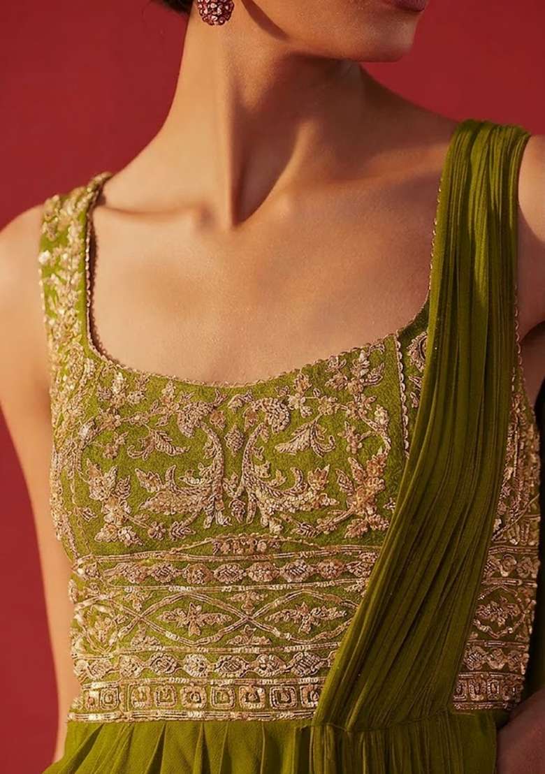 Olive Green Hand Work Embroidered Georgette Pre Draped Saree Set - Indya