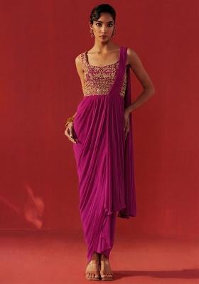 Soft Pink Hand Work Embroidered Georgette Pre Draped Saree Set