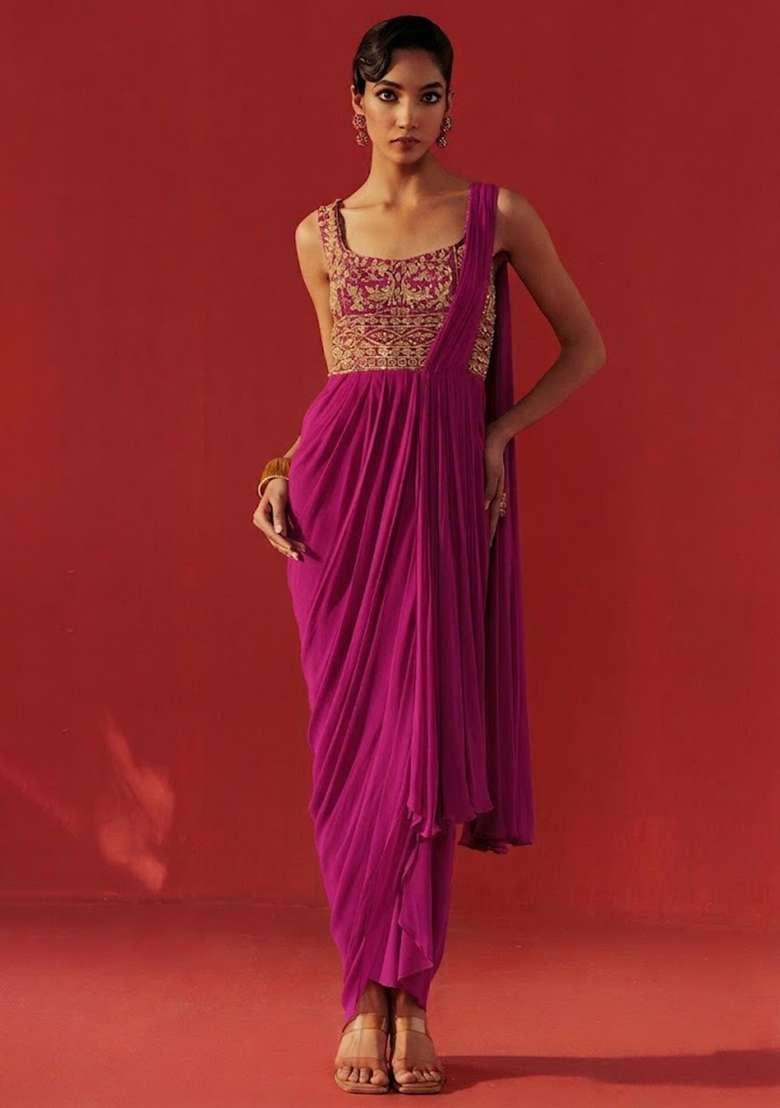 Soft Pink Hand Work Embroidered Georgette Pre Draped Saree Set - Indya