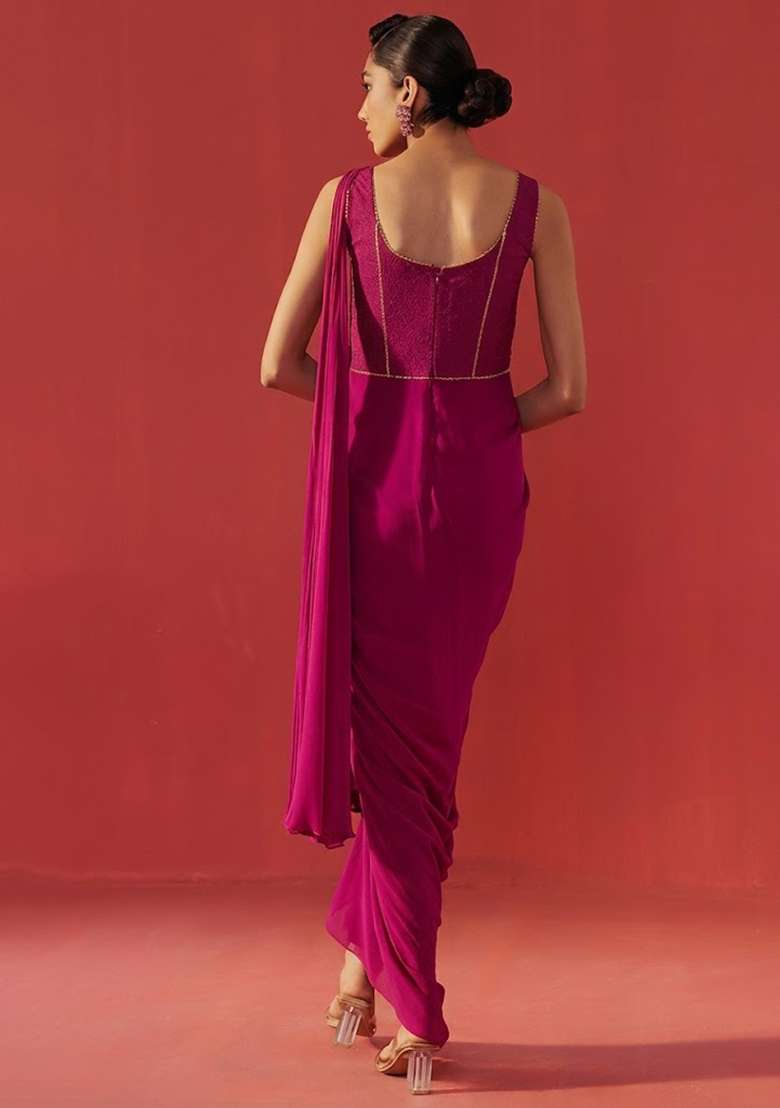 Soft Pink Hand Work Embroidered Georgette Pre Draped Saree Set - Indya