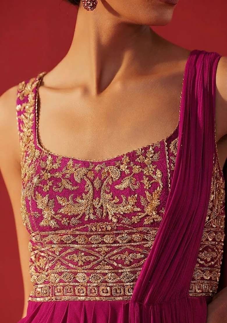 Soft Pink Hand Work Embroidered Georgette Pre Draped Saree Set - Indya
