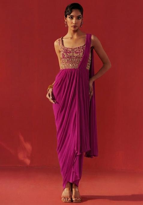 Soft Pink Hand Work Embroidered Georgette Pre Draped Saree Set