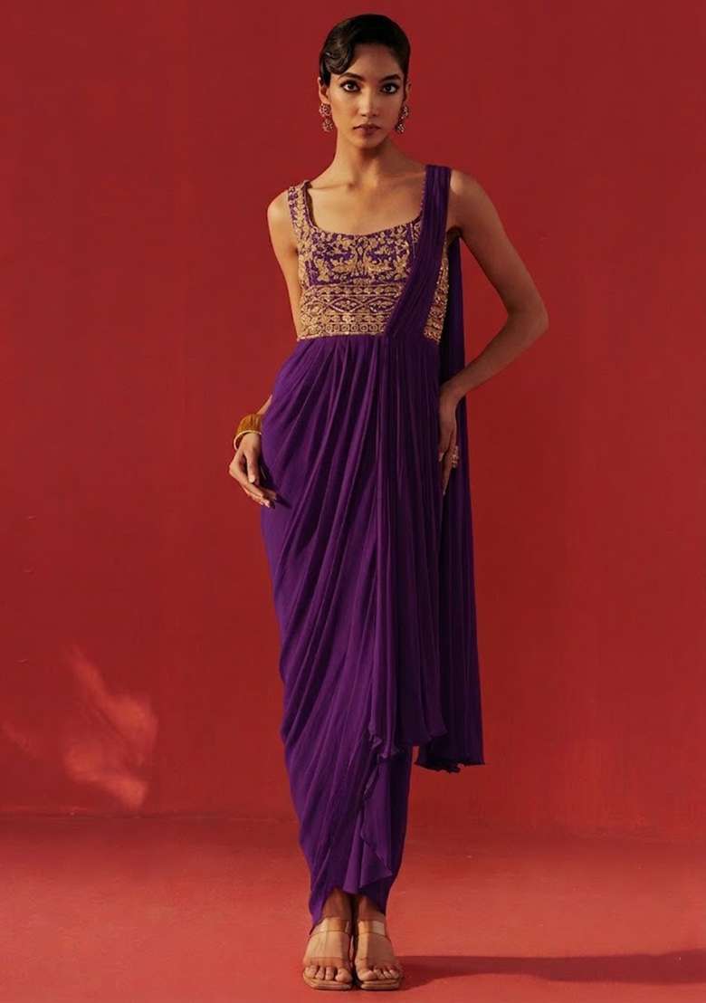 Violet Hand Work Embroidered Georgette Pre Draped Saree Set - Indya