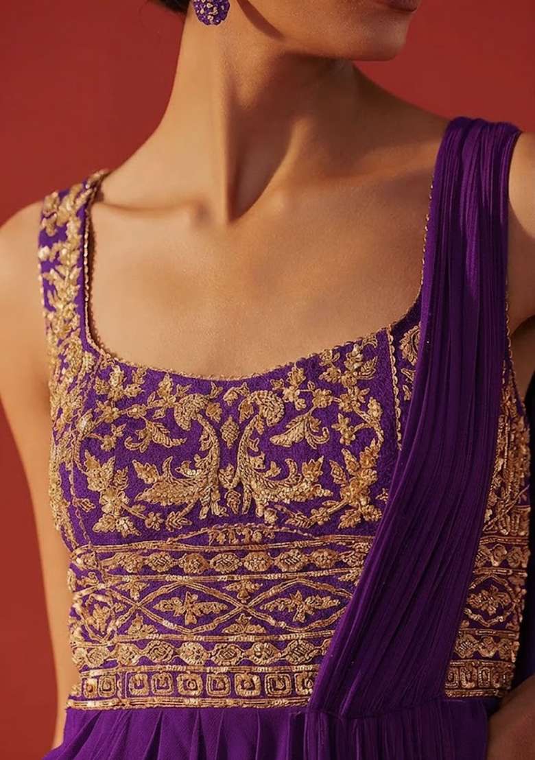Violet Hand Work Embroidered Georgette Pre Draped Saree Set - Indya