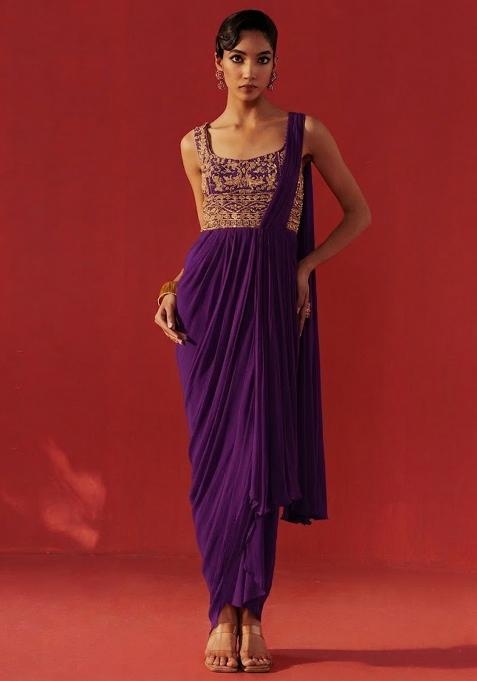 Violet Hand Work Embroidered Georgette Pre Draped Saree Set