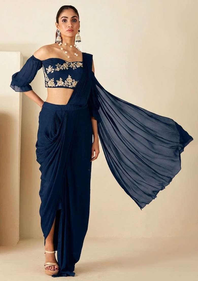 Deep Blue Hand Work Embellished Chinon Pre Draped Saree Set - Indya
