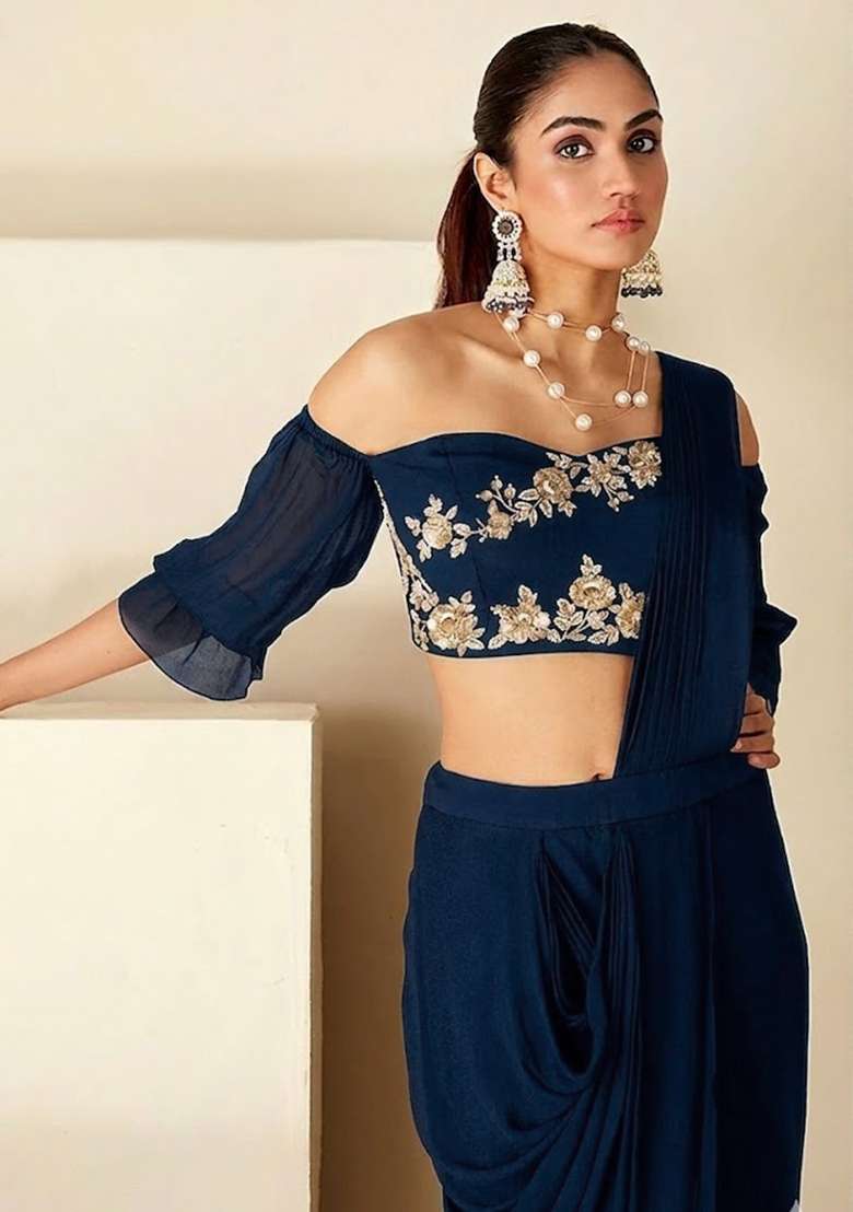 Deep Blue Hand Work Embellished Chinon Pre Draped Saree Set - Indya