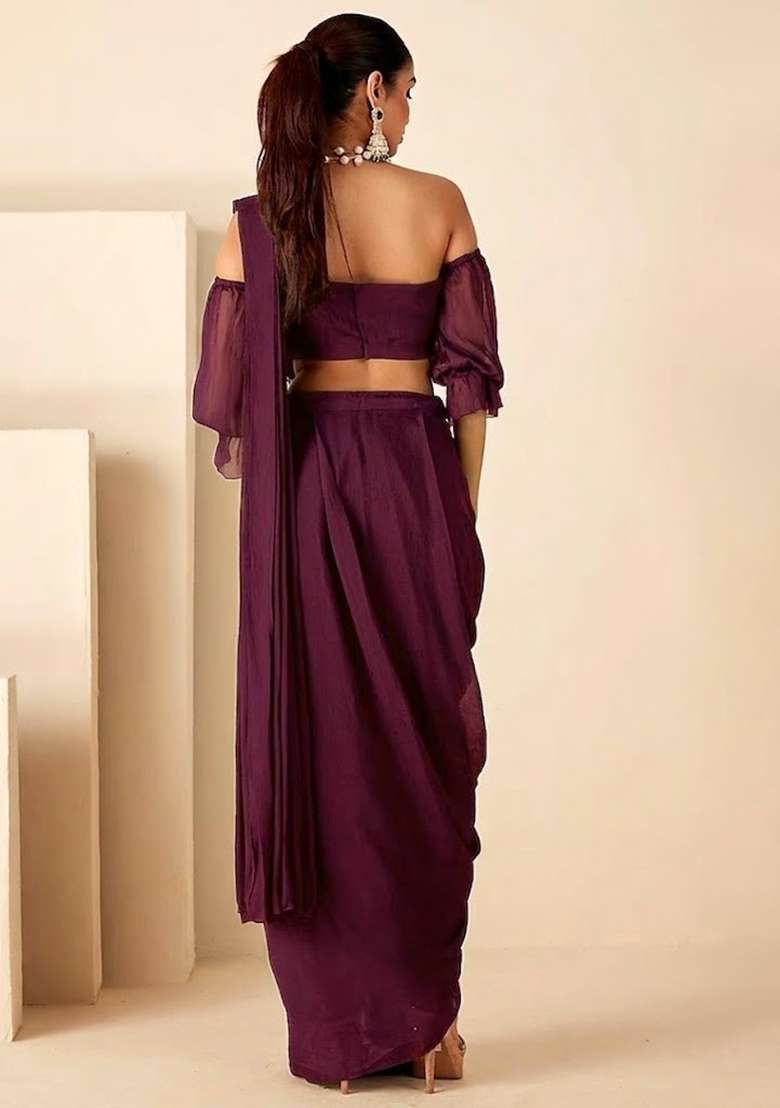 Mauve Hand Work Embellished Chinon Pre Draped Saree Set - Indya