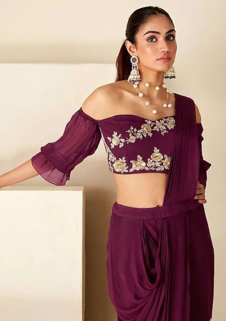 Mauve Hand Work Embellished Chinon Pre Draped Saree Set - Indya