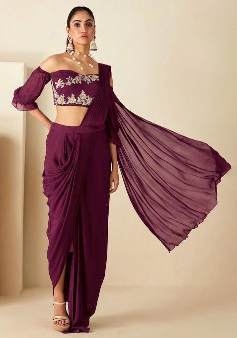 Mauve Hand Work Embellished Chinon Pre Draped Saree Set