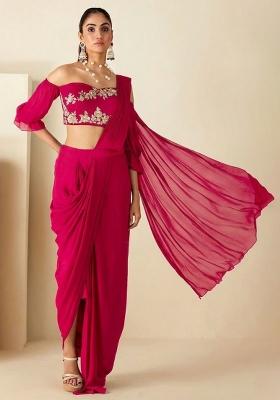 Soft Pink Hand Work Embellished Chinon Pre Draped Saree Set