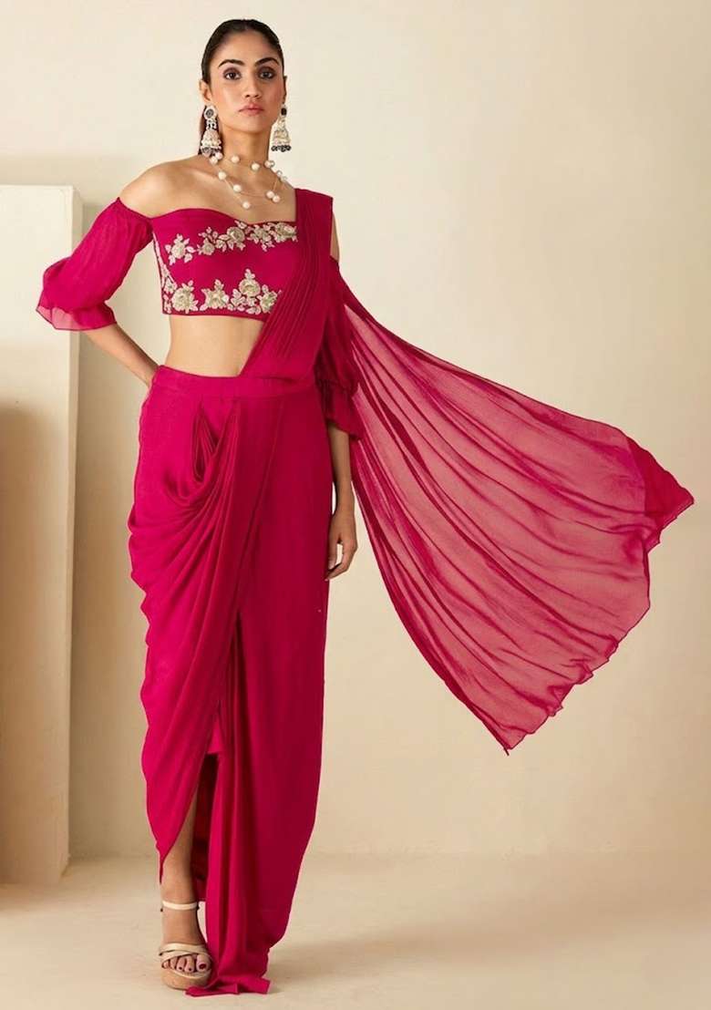 Soft Pink Hand Work Embellished Chinon Pre Draped Saree Set - Indya