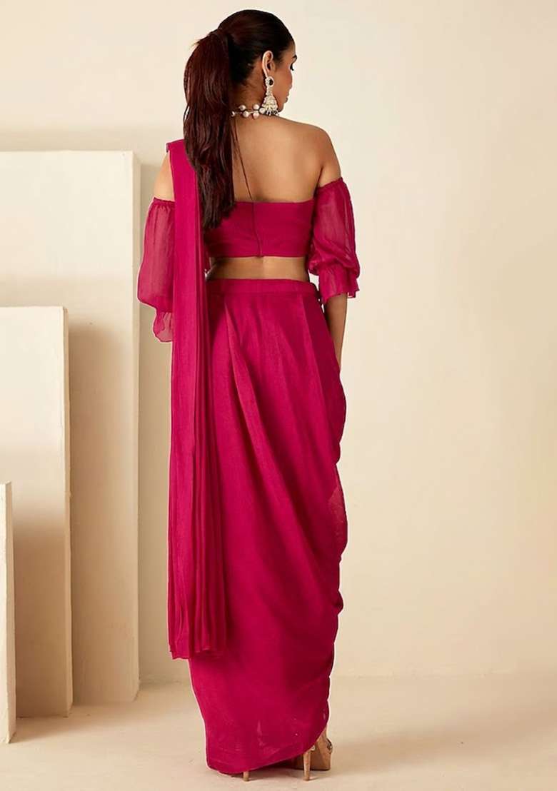 Soft Pink Hand Work Embellished Chinon Pre Draped Saree Set - Indya