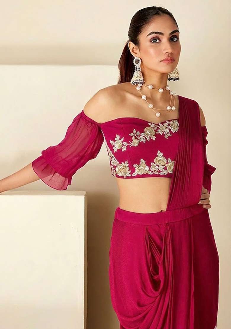 Soft Pink Hand Work Embellished Chinon Pre Draped Saree Set - Indya