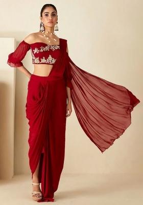 Deep Red Hand Work Embellished Chinon Pre Draped Saree Set