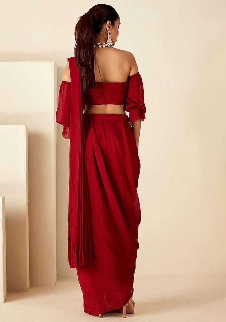 Deep Red Hand Work Embellished Chinon Pre Draped Saree Set - Indya