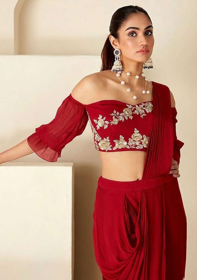 Deep Red Hand Work Embellished Chinon Pre Draped Saree Set - Indya