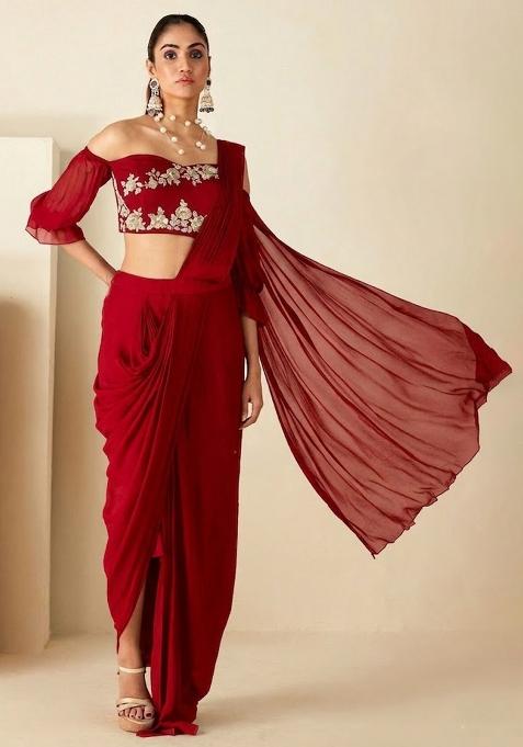 Deep Red Hand Work Embellished Chinon Pre Draped Saree Set