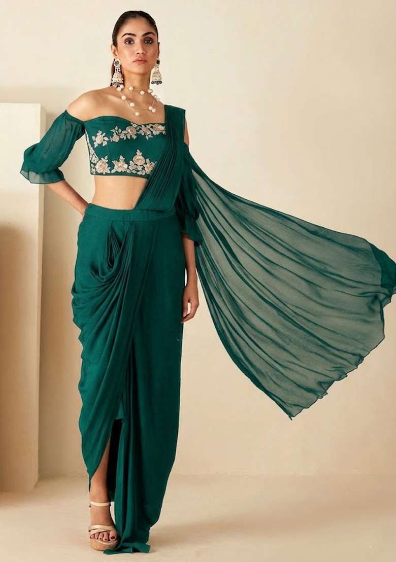 Teal Hand Work Embellished Chinon Pre Draped Saree Set - Indya