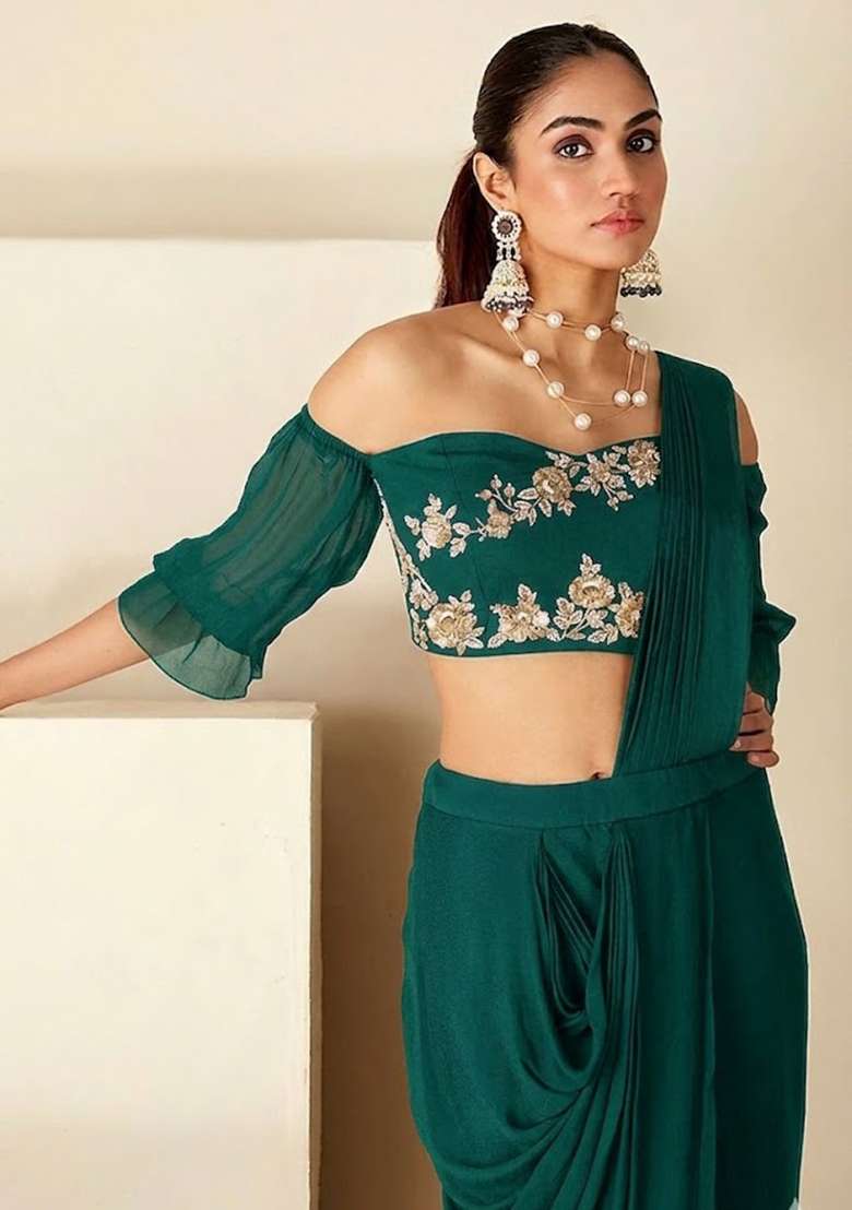 Teal Hand Work Embellished Chinon Pre Draped Saree Set - Indya