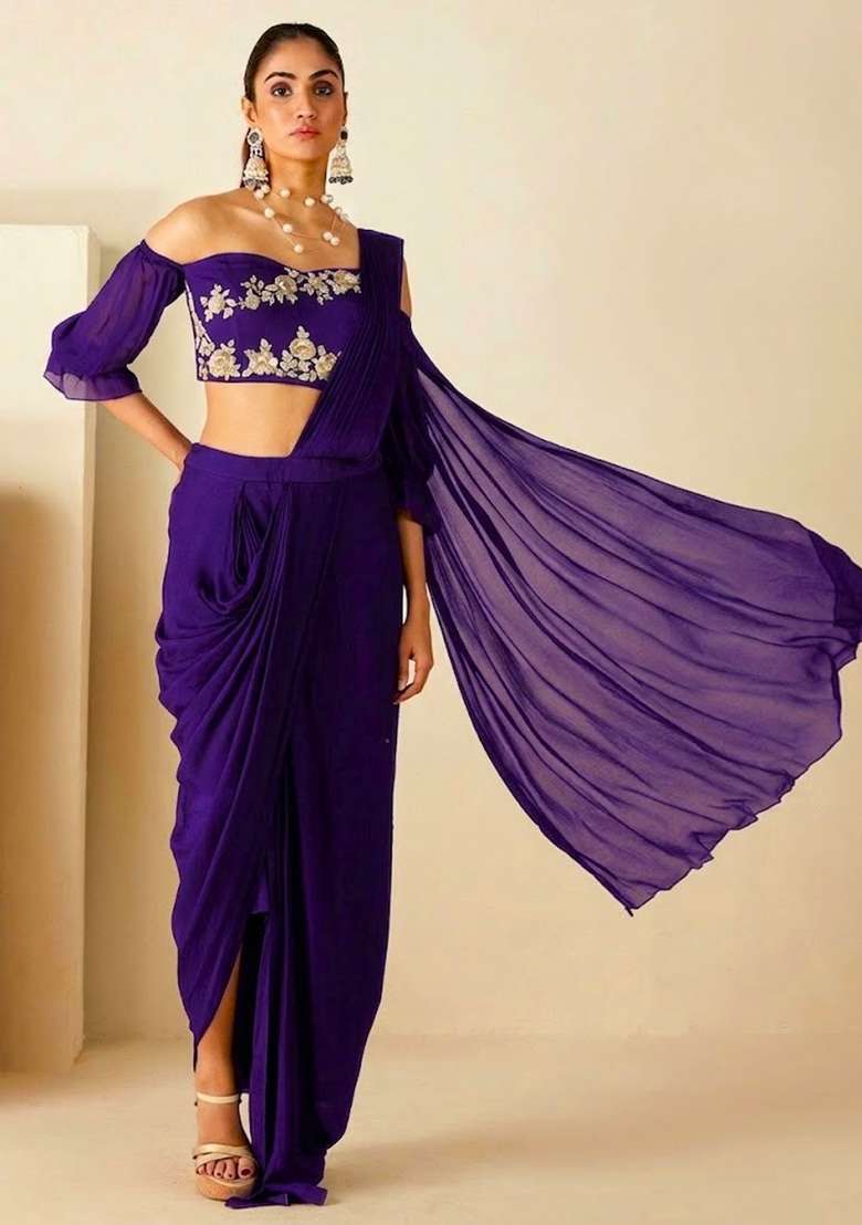 Violet Hand Work Embellished Chinon Pre Draped Saree Set - Indya