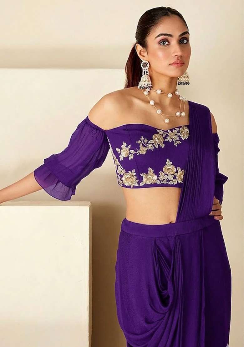 Violet Hand Work Embellished Chinon Pre Draped Saree Set - Indya