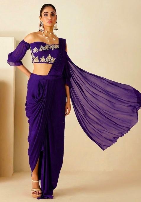 Violet Hand Work Embellished Chinon Pre Draped Saree Set