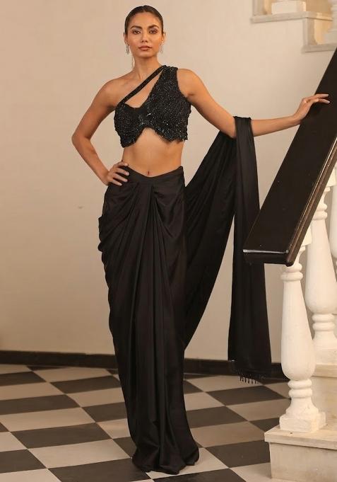 Black Hand Work Embellished Satin Pre Draped Saree Set