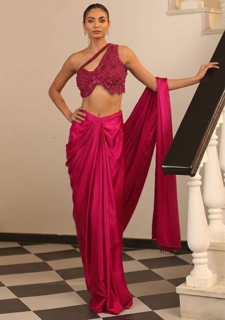 Hot Pink Hand Work Embellished Satin Pre Draped Saree Set - Indya