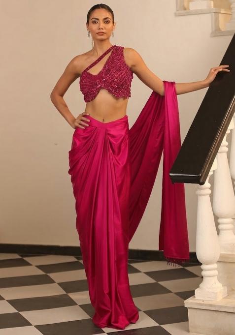 Hot Pink Hand Work Embellished Satin Pre Draped Saree Set