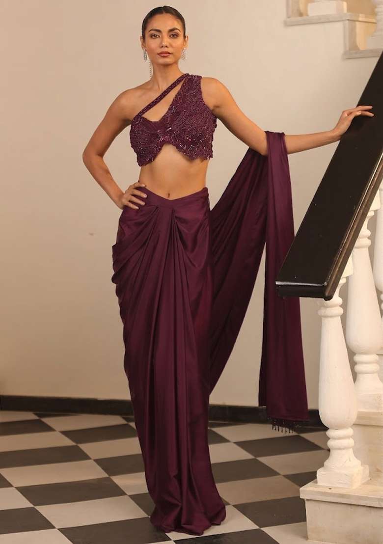 Mauve Hand Work Embellished Satin Pre Draped Saree Set - Indya