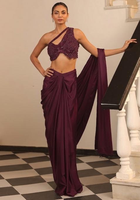 Mauve Hand Work Embellished Satin Pre Draped Saree Set