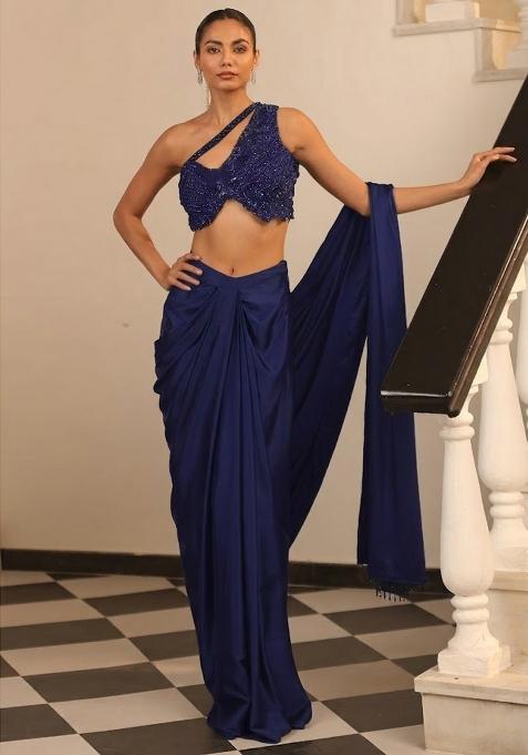 Violet Hand Work Embellished Satin Pre Draped Saree Set