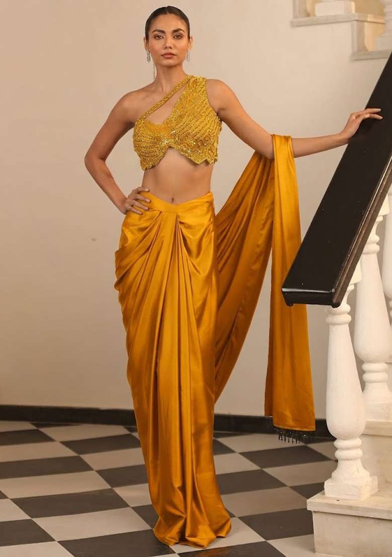 Bright Yellow Hand Work Embellished Satin Pre Draped Saree Set - Indya
