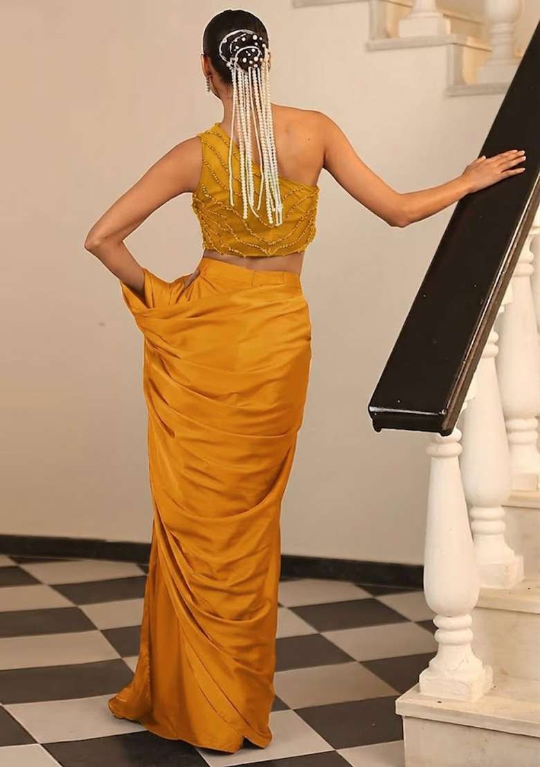 Bright Yellow Hand Work Embellished Satin Pre Draped Saree Set - Indya