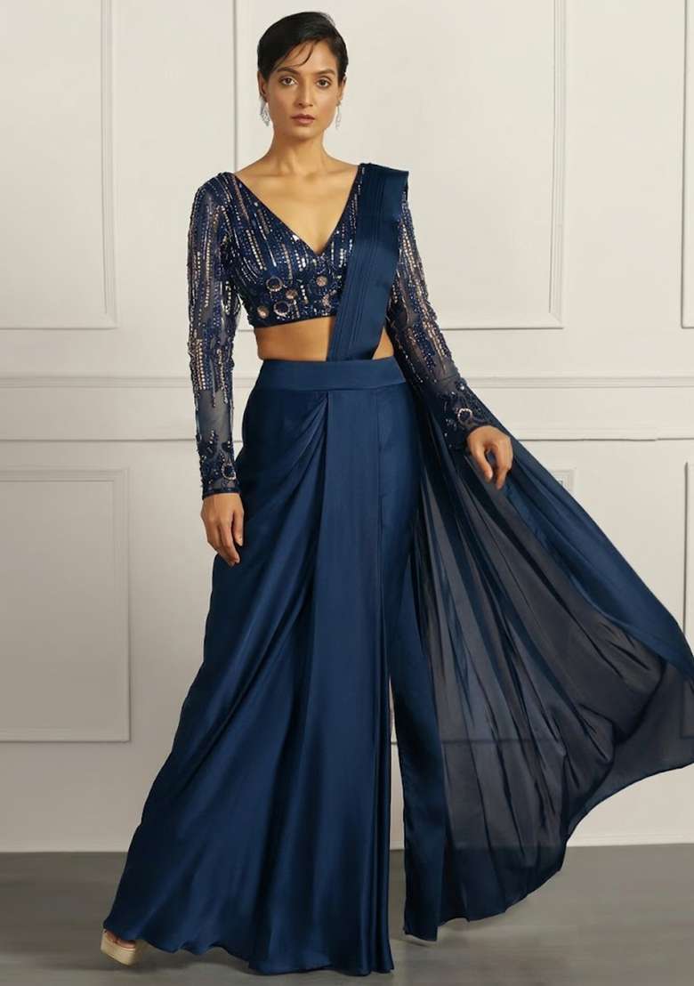 Deep Blue Hand Work Embellished Net Pre Draped Saree Set - Indya