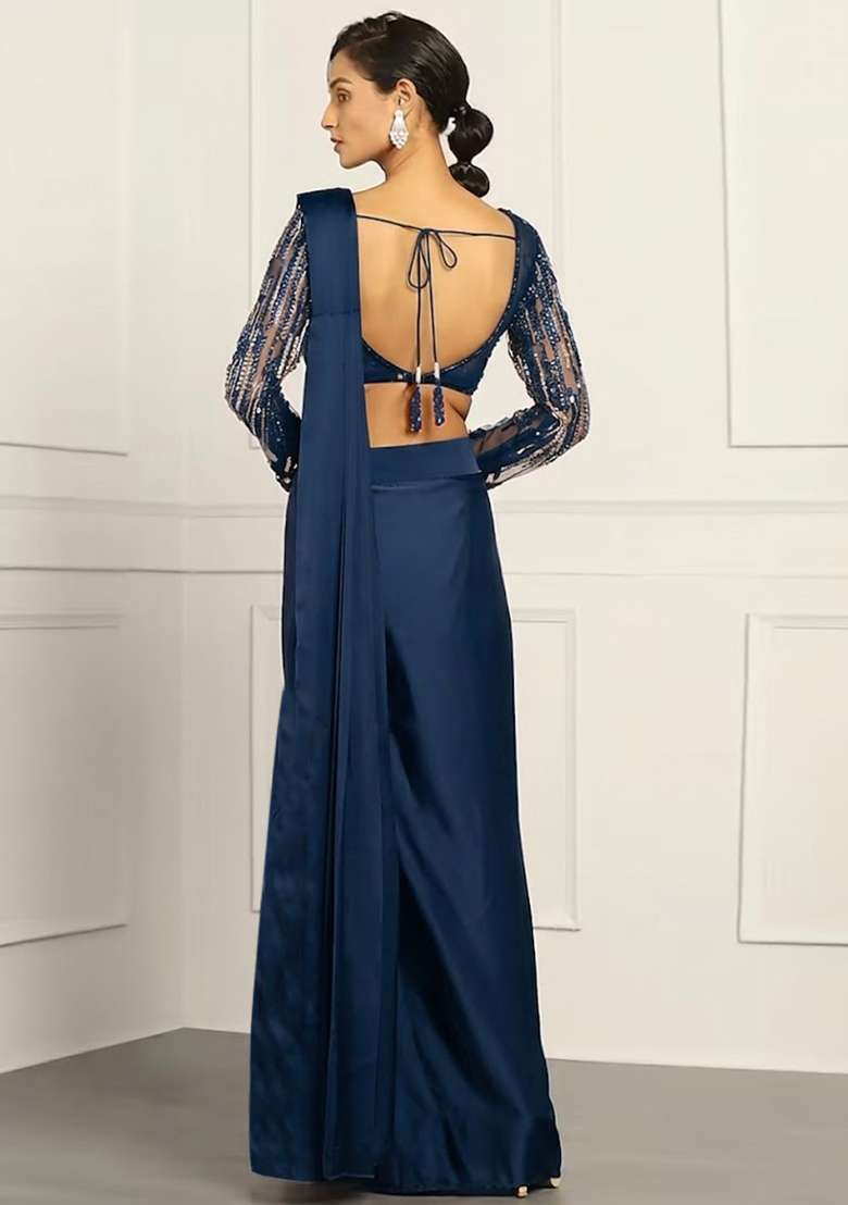 Deep Blue Hand Work Embellished Net Pre Draped Saree Set - Indya