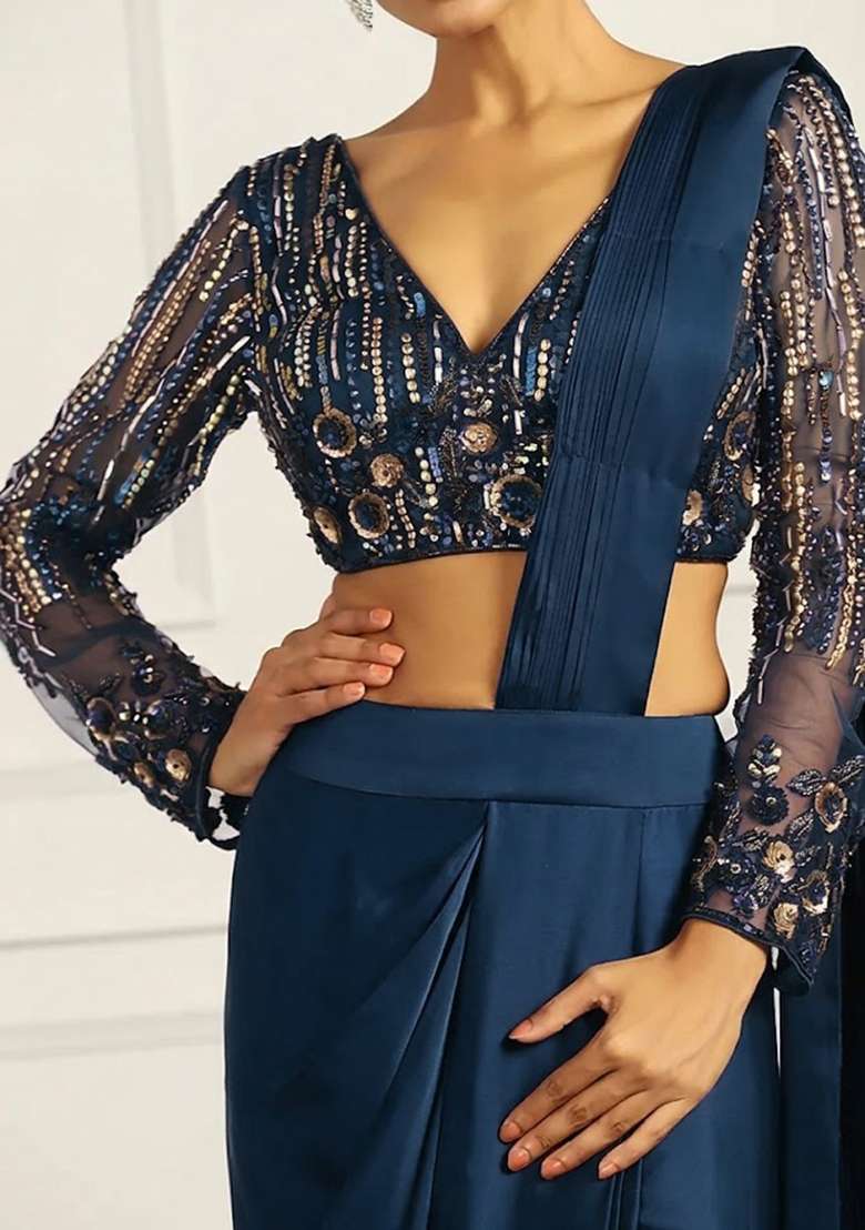 Deep Blue Hand Work Embellished Net Pre Draped Saree Set - Indya