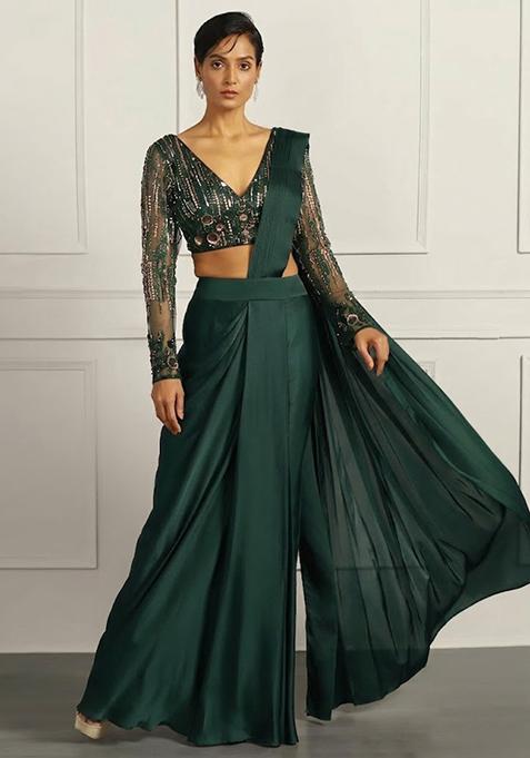 Light Green Hand Work Embellished Net Pre Draped Saree Set