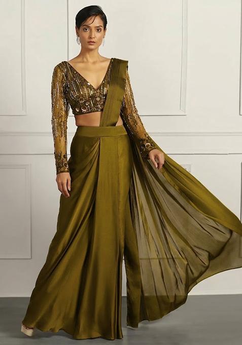Olive Green Hand Work Embellished Net Pre Draped Saree Set